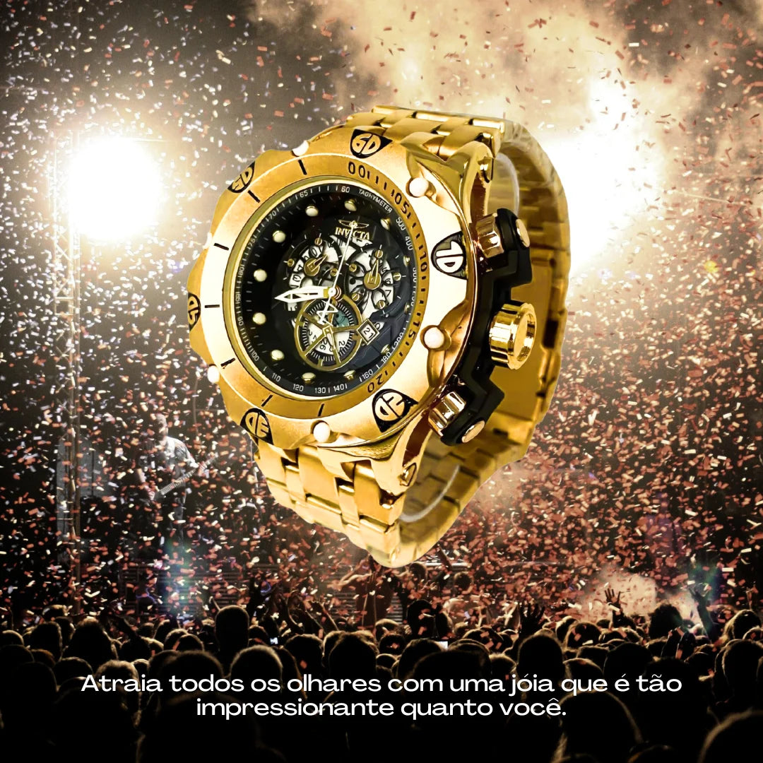 Relógio Invicta Venom Hybrid Skeleton Masculino Dourado Banhado a Ouro 18k A Prova D'água +2 Brindes